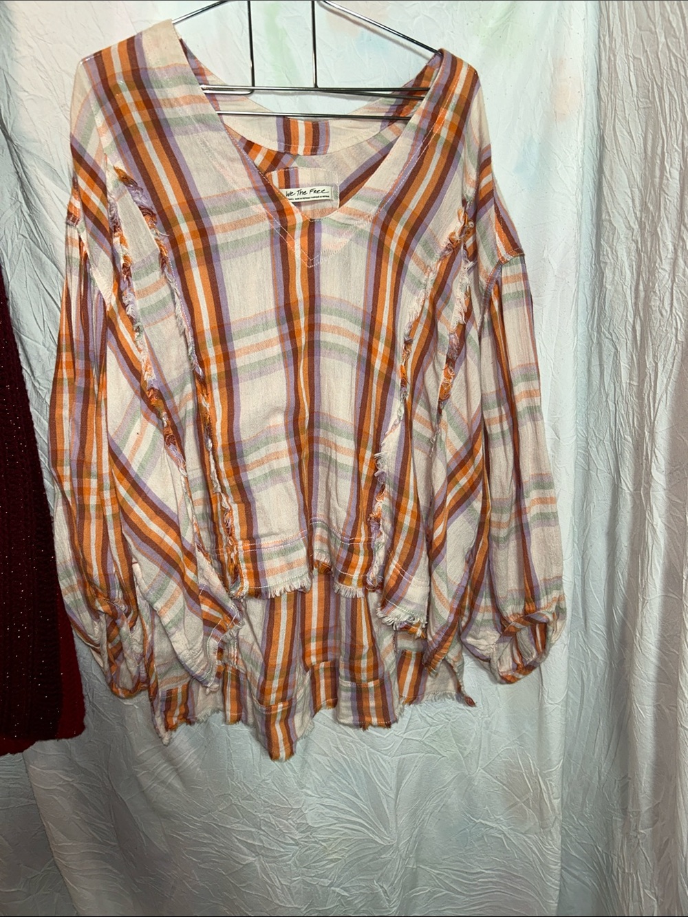 We the free  Plaid V-Neck Women's Top in Orange and Cream size S